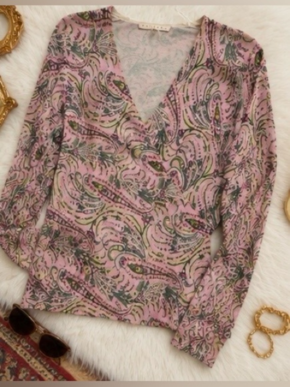 Belford Vintage Silk Blend Pink Paisley Wrap Top | Romantic Boho Chic | Size M
